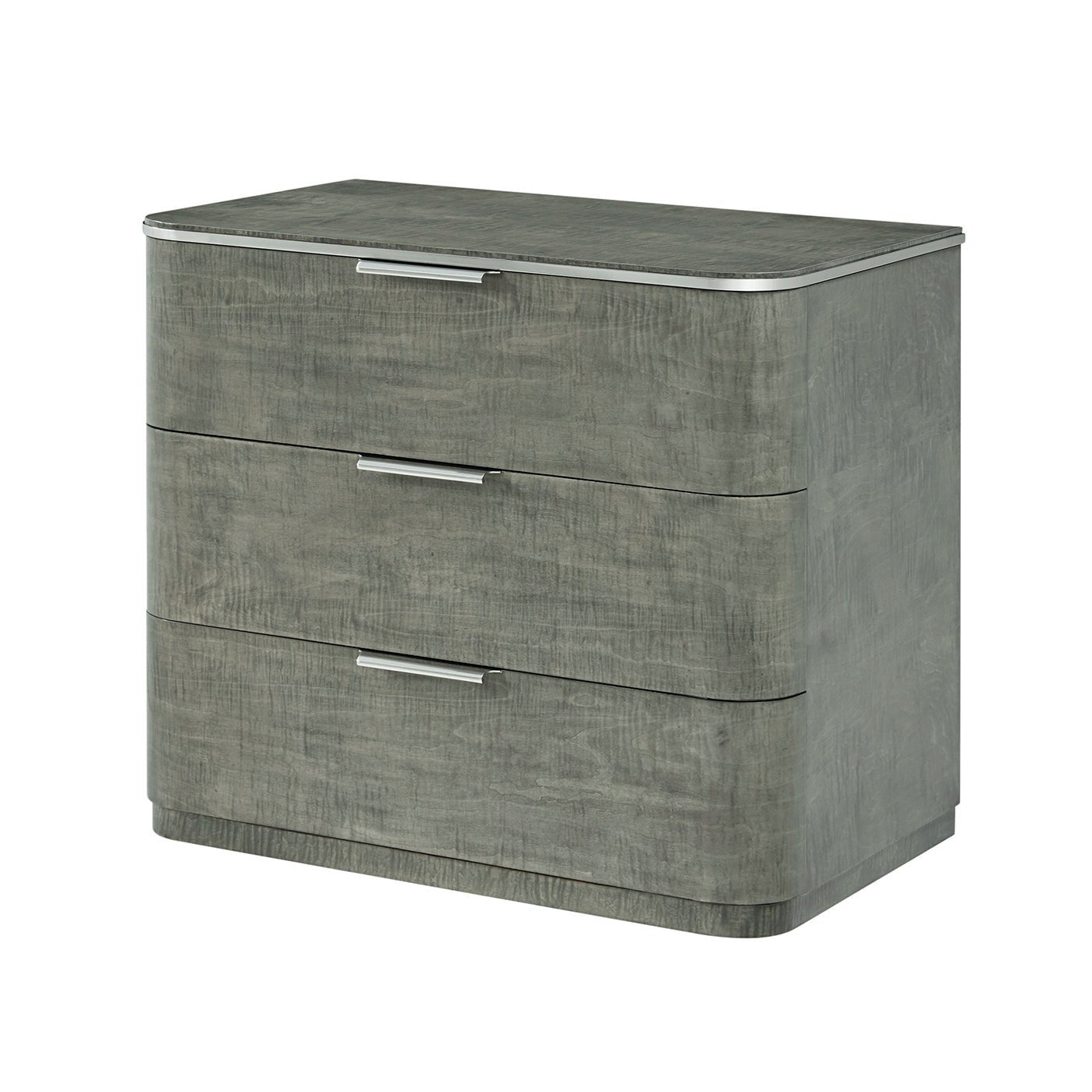 Grey Art Deco nightstand, perspective view, three drawers