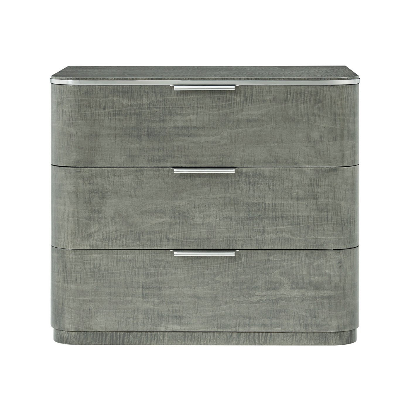 Front view of grey Art Deco nightstand, metal handles