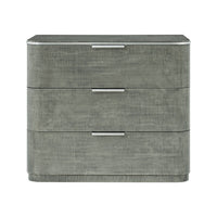 Front view of grey Art Deco nightstand, metal handles