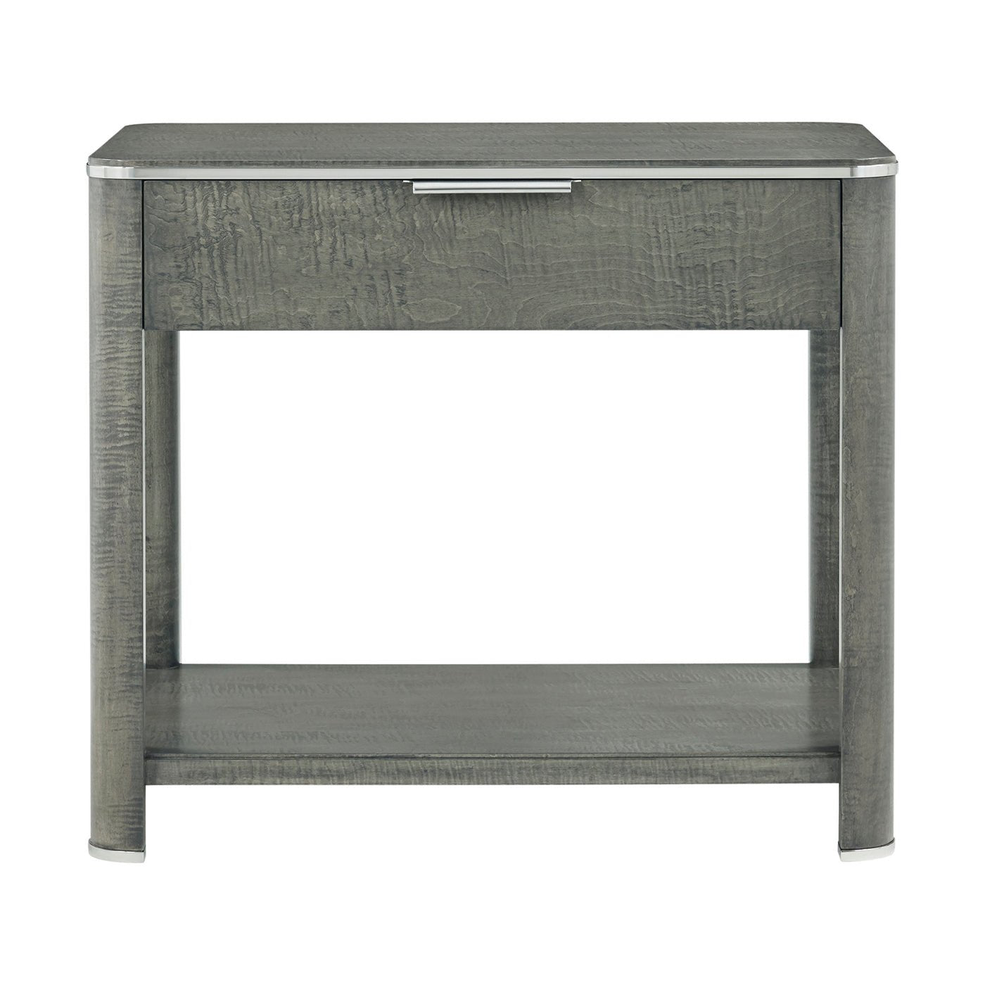 Front view of grey art deco style nightstand.