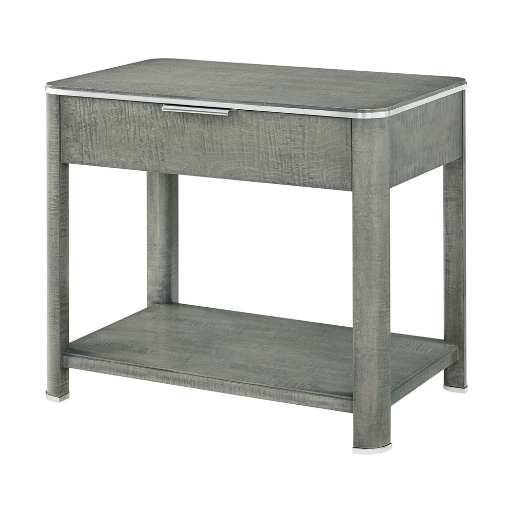 Grey art deco style nightstand, angled view.