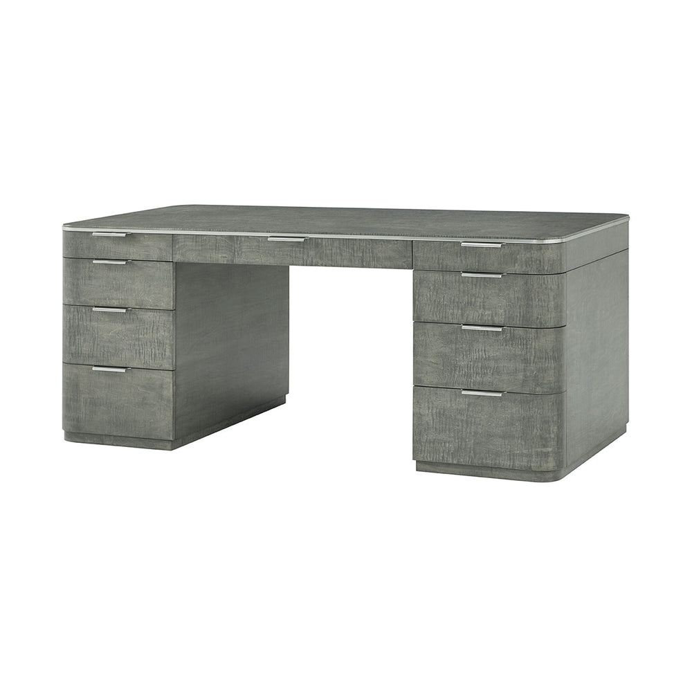Grey mid-century pedestal desk front view.