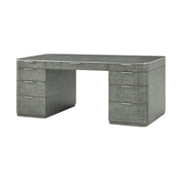 Grey mid-century pedestal desk front view.