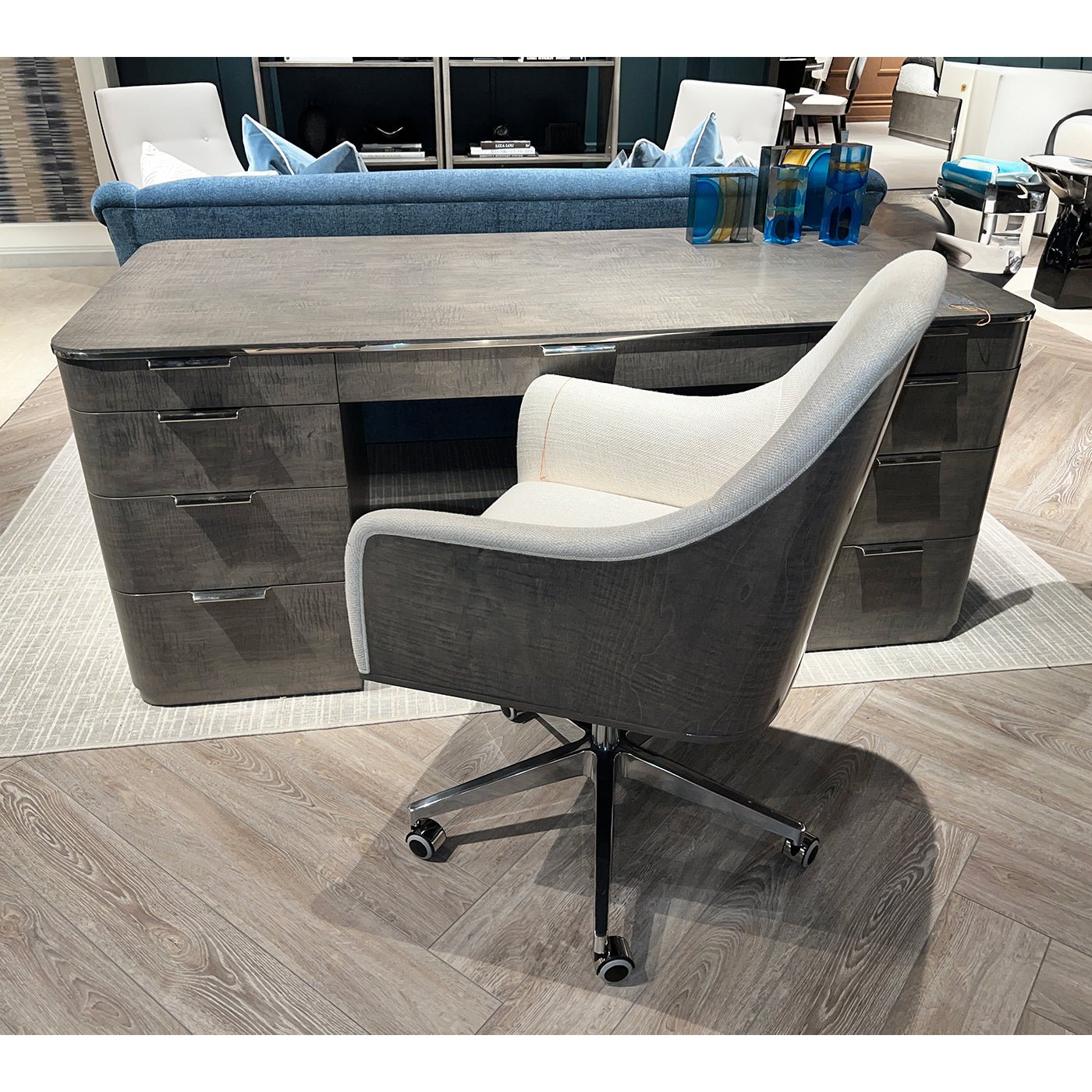 Pedestal desk with chair seen from above.