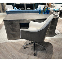 Pedestal desk with chair seen from above.