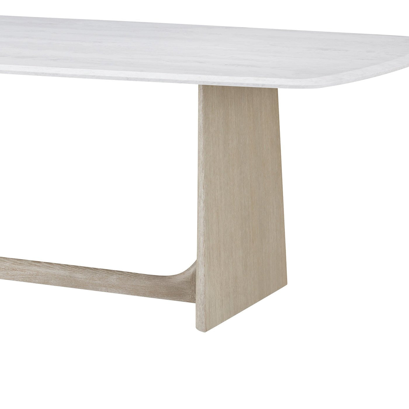 Close-up angled shot quartz top, dining table leg design.