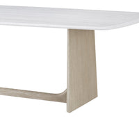 Close-up angled shot quartz top, dining table leg design.