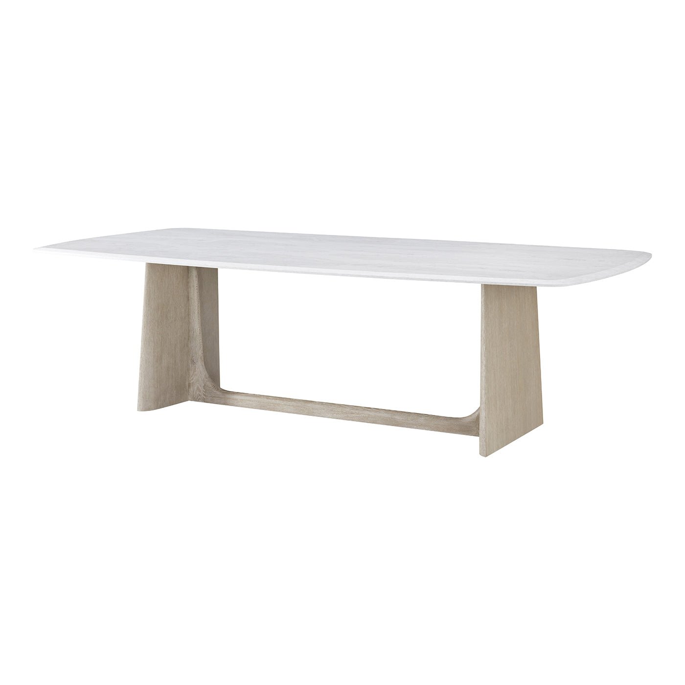 Angled view modern quartz top dining table, grey oak base.