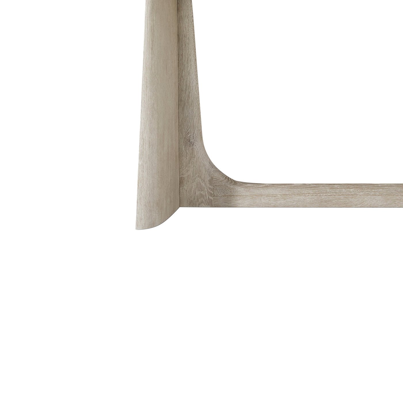 Close-up dining table leg, unique grey oak texture.