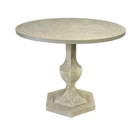 Grey painted round center table, pedestal base view.