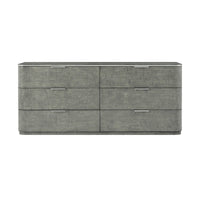 Front view of Greyed Art Deco dresser, six drawers.