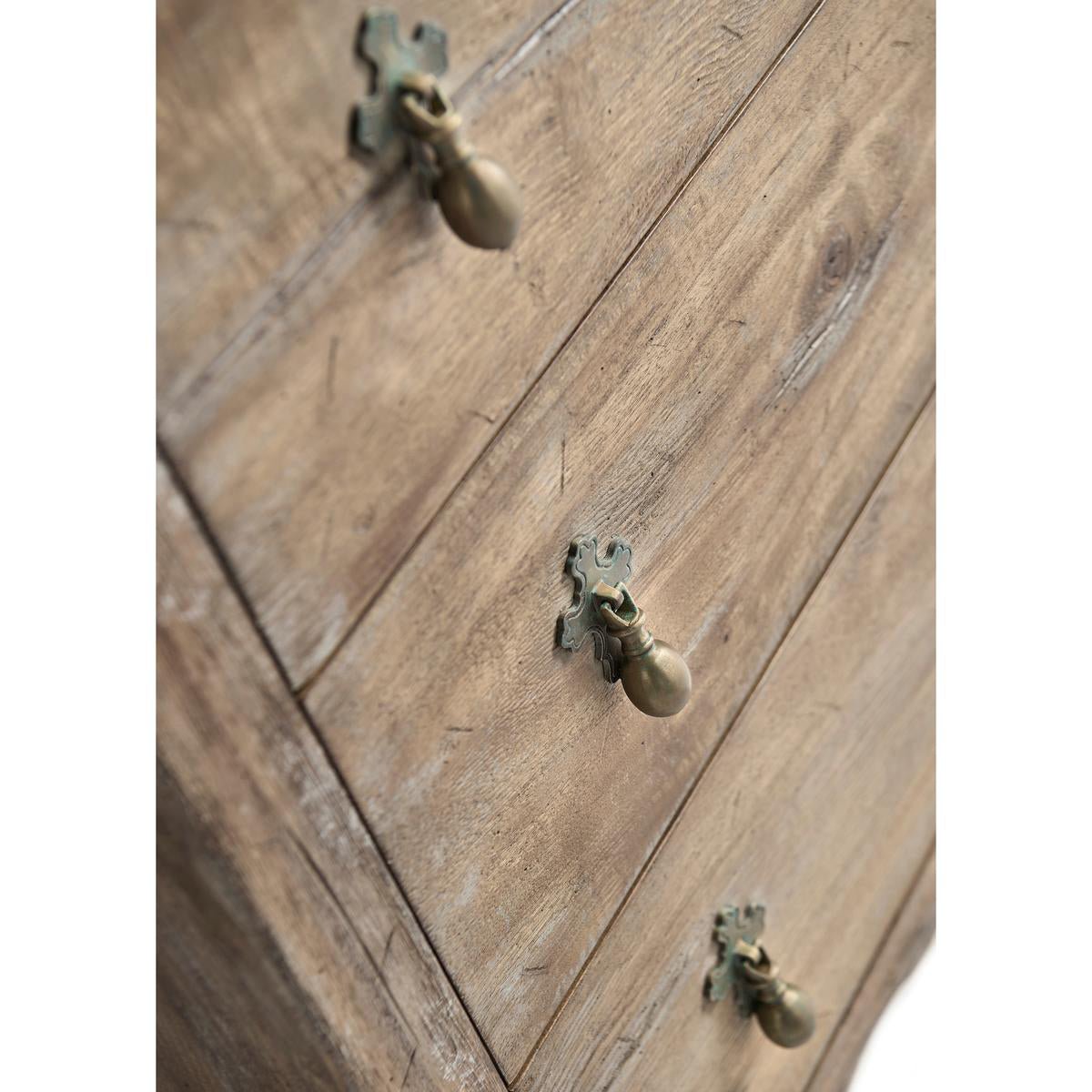 Greyed oak chest, close-up of drawer handles.