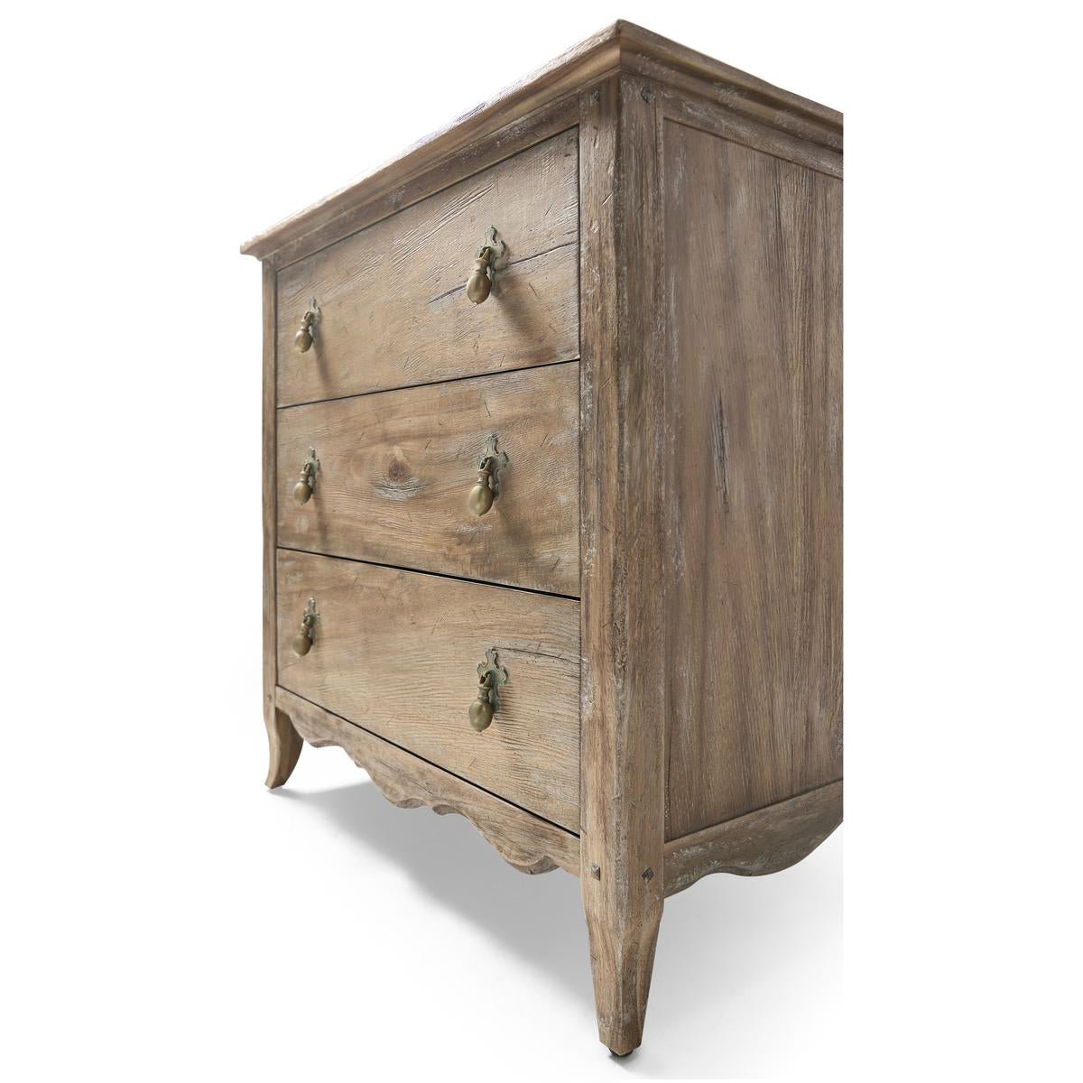Greyed oak chest, low angle, drawer craftsmanship.