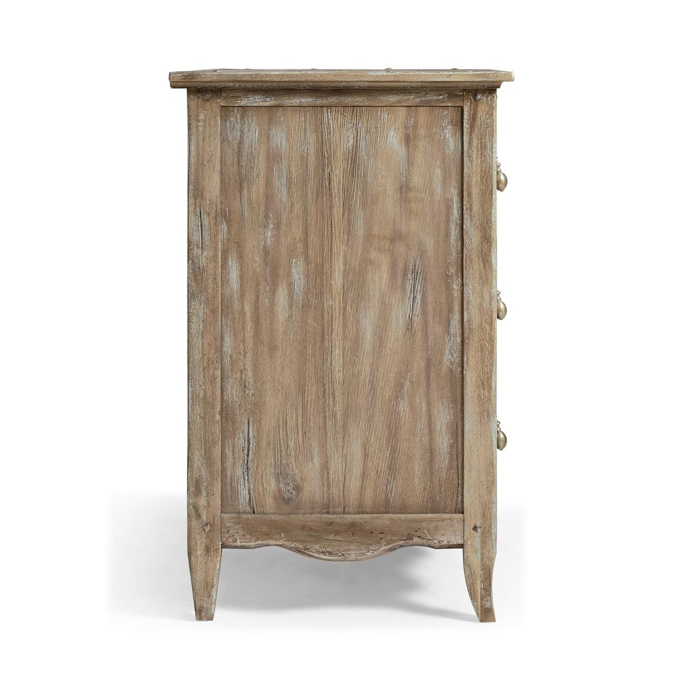Greyed oak 3-drawer chest, side view detail.