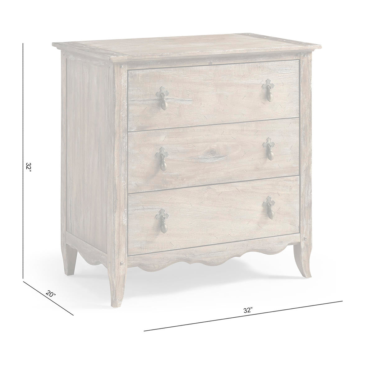 Greyed oak chest dimensions: width 32", depth 20", height 32".