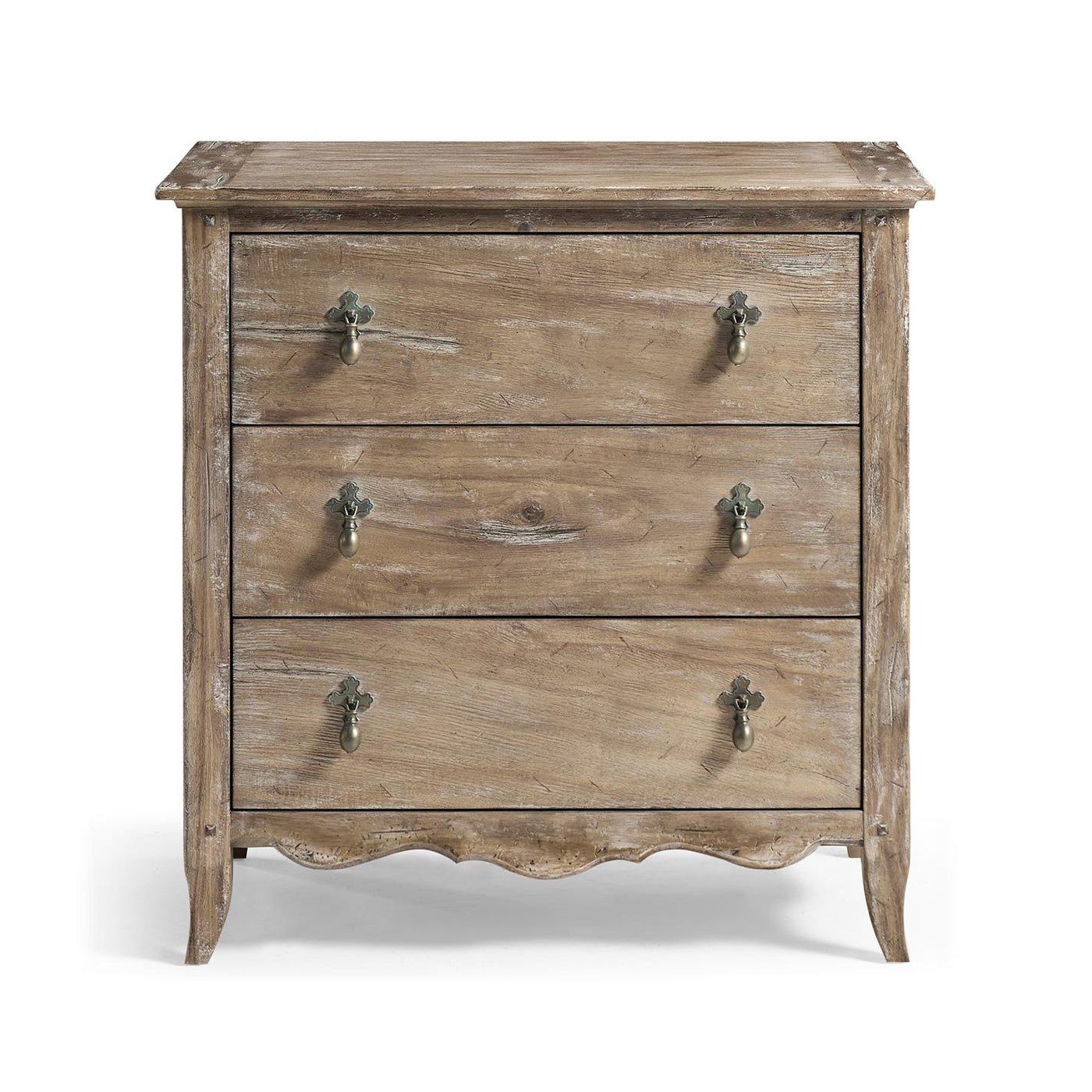 Greyed oak 3-drawer chest, front view, closed drawers.