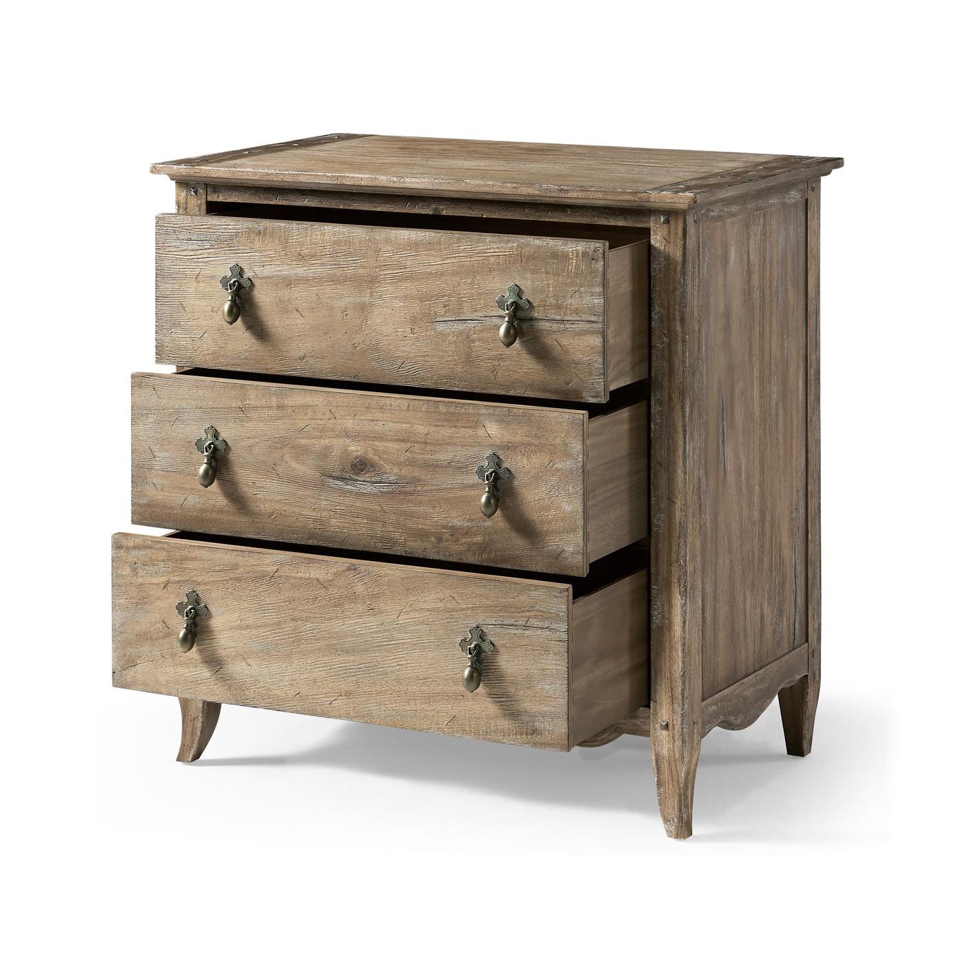 Greyed oak 3-drawer chest, angled view, open drawers.