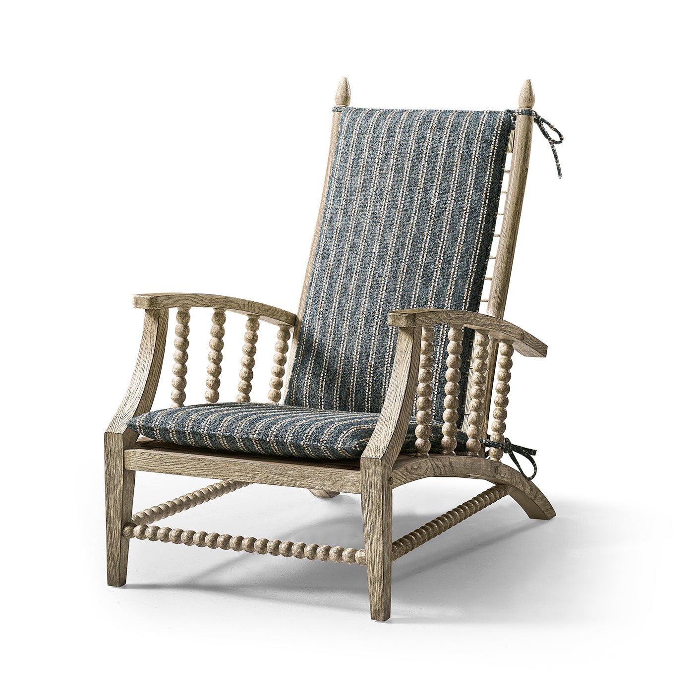 Rustic lounge chair, blue striped cushion, front angle.
