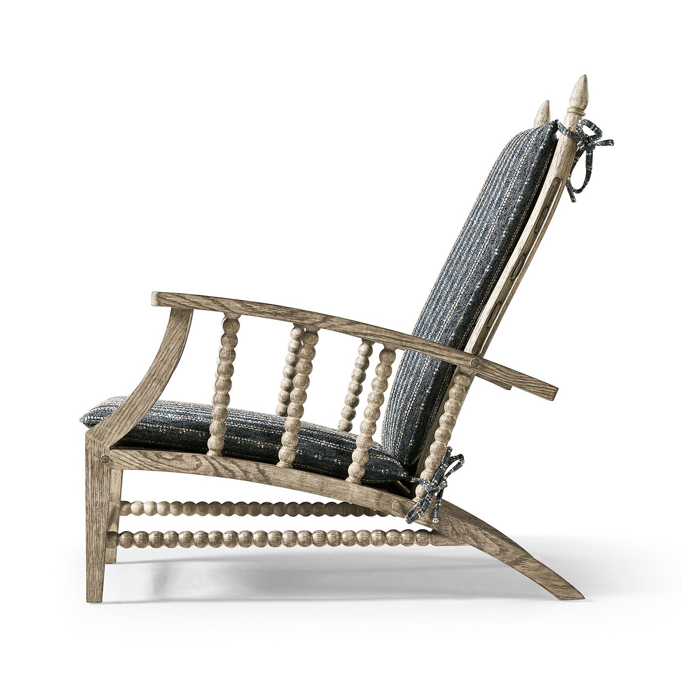 Side view of lounge chair, curved arms, unique design.