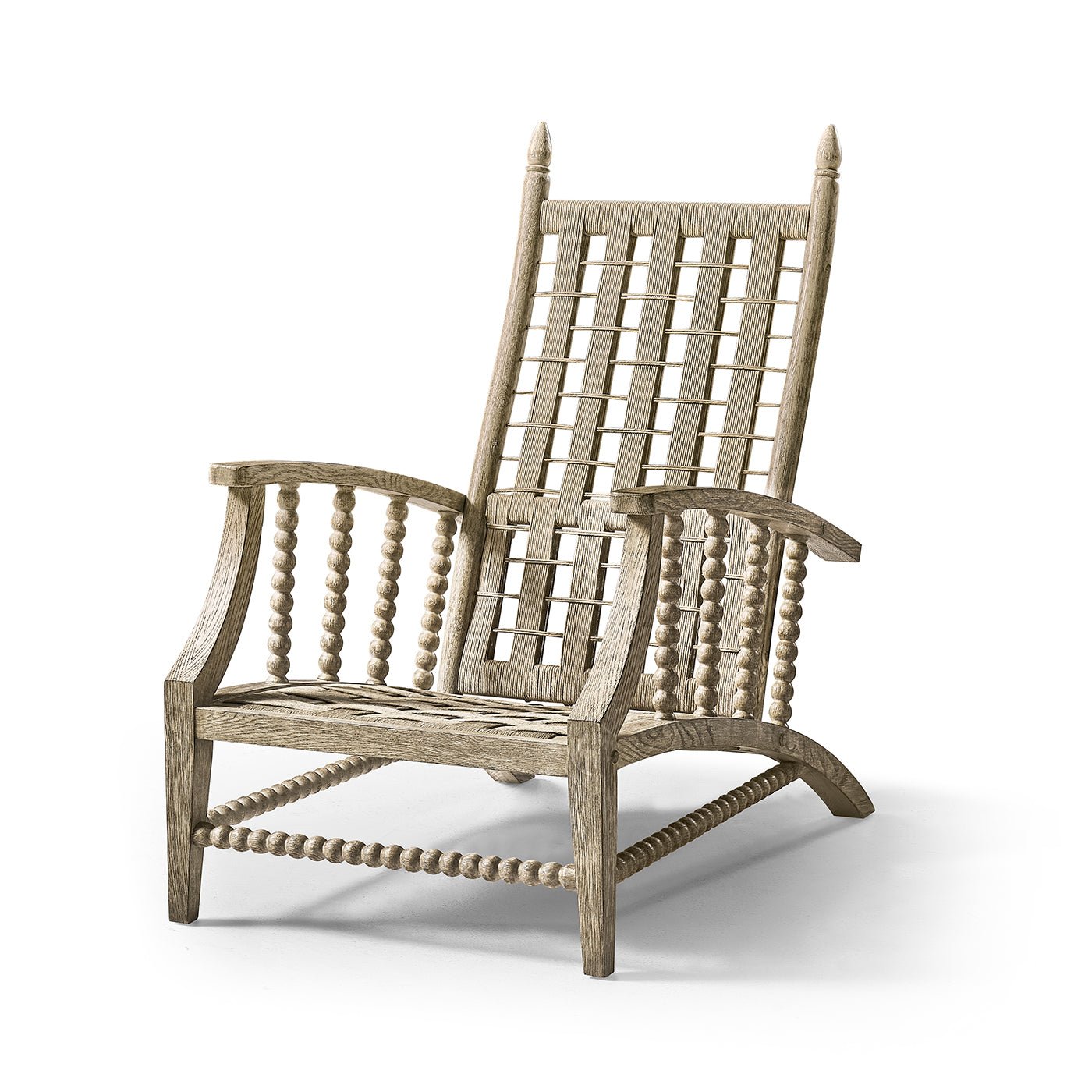 Lounge chair without cushion, intricate wooden back view.