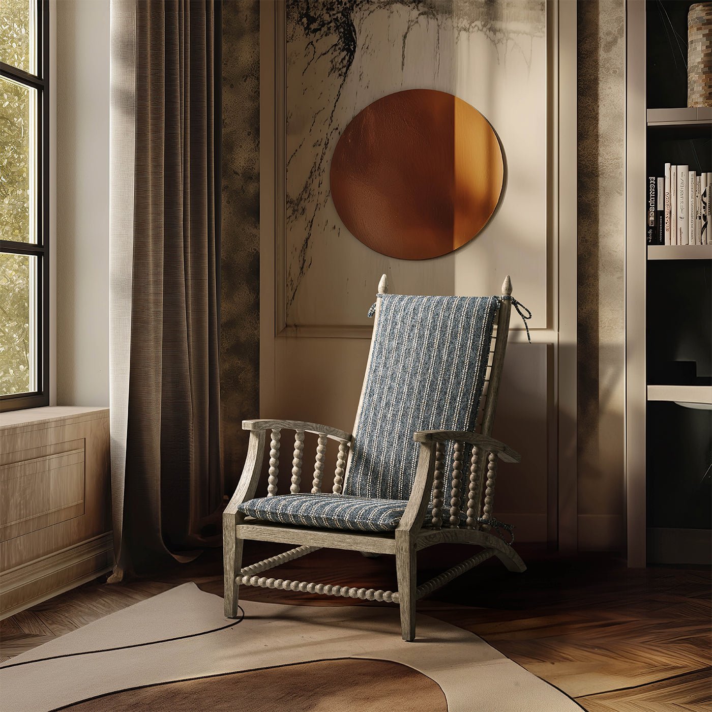 Stylish lounge chair placed in elegant room setting.