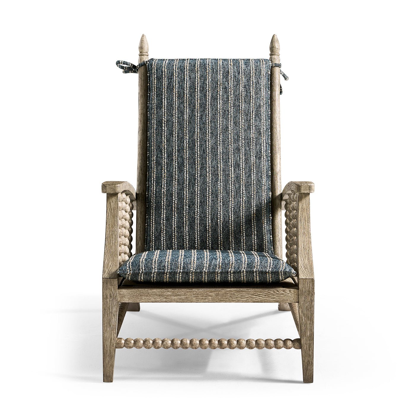 Lounge chair with striped cushion, detailed front view.