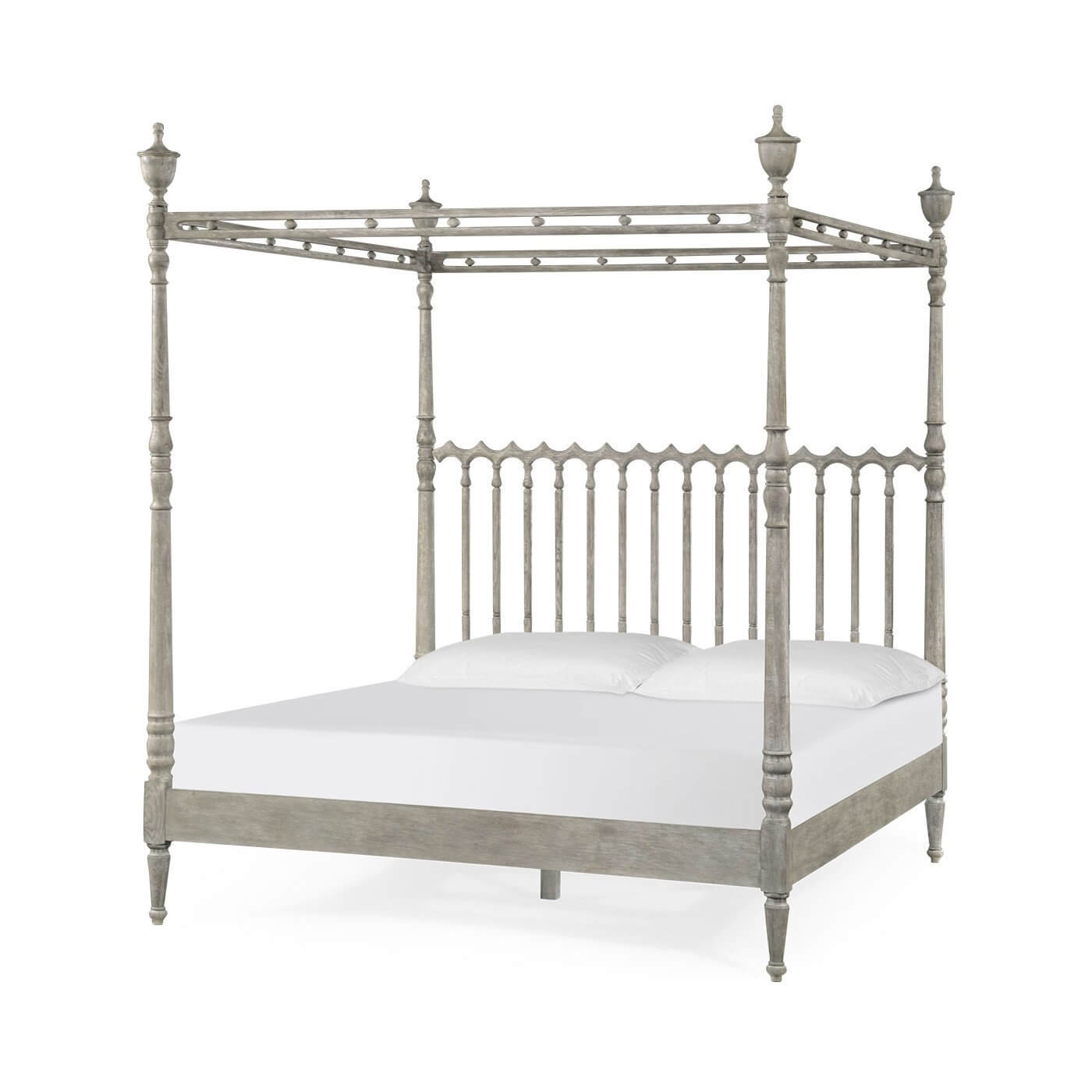 Four-post greyed oak king bed, angled view.