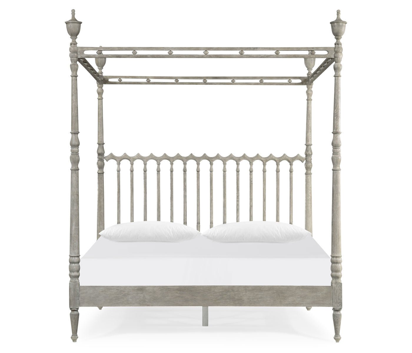 Front view of greyed oak king four-post bed.