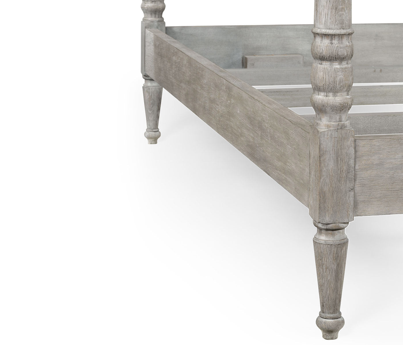 Greyed oak bed base and leg design close-up.