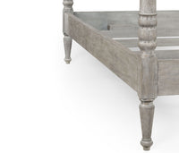 Greyed oak bed base and leg design close-up.