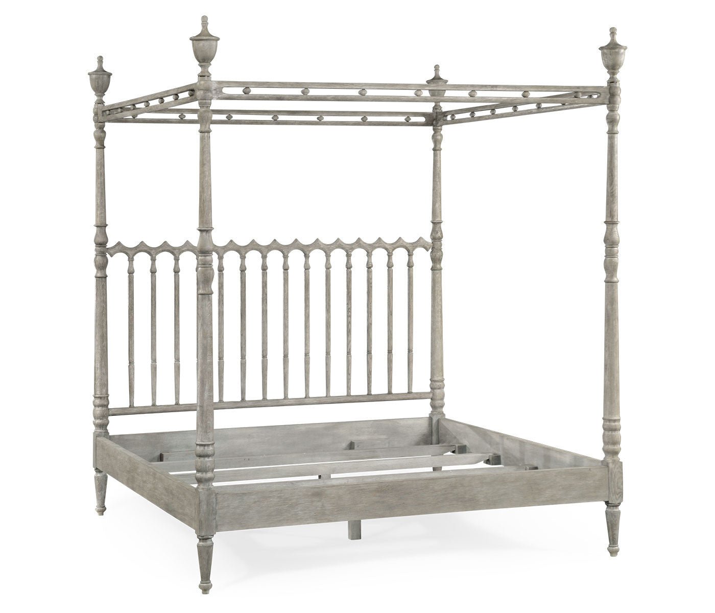 Greyed oak bed frame without mattress, four-post design.
