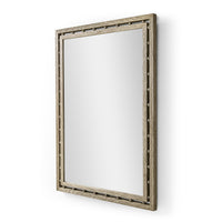 Angled view of rectangular greyed oak mirror