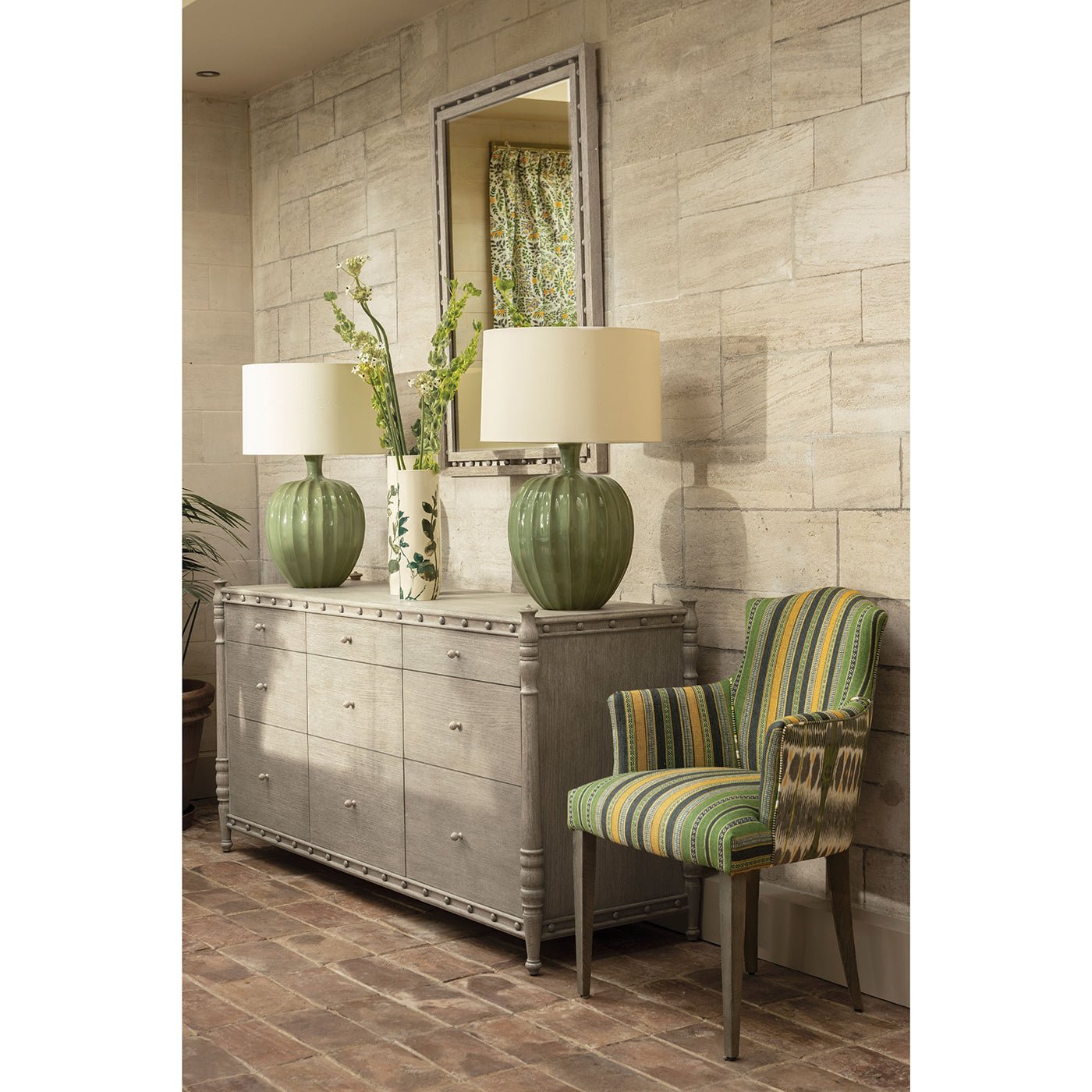 Greyed oak mirror styled in a living room