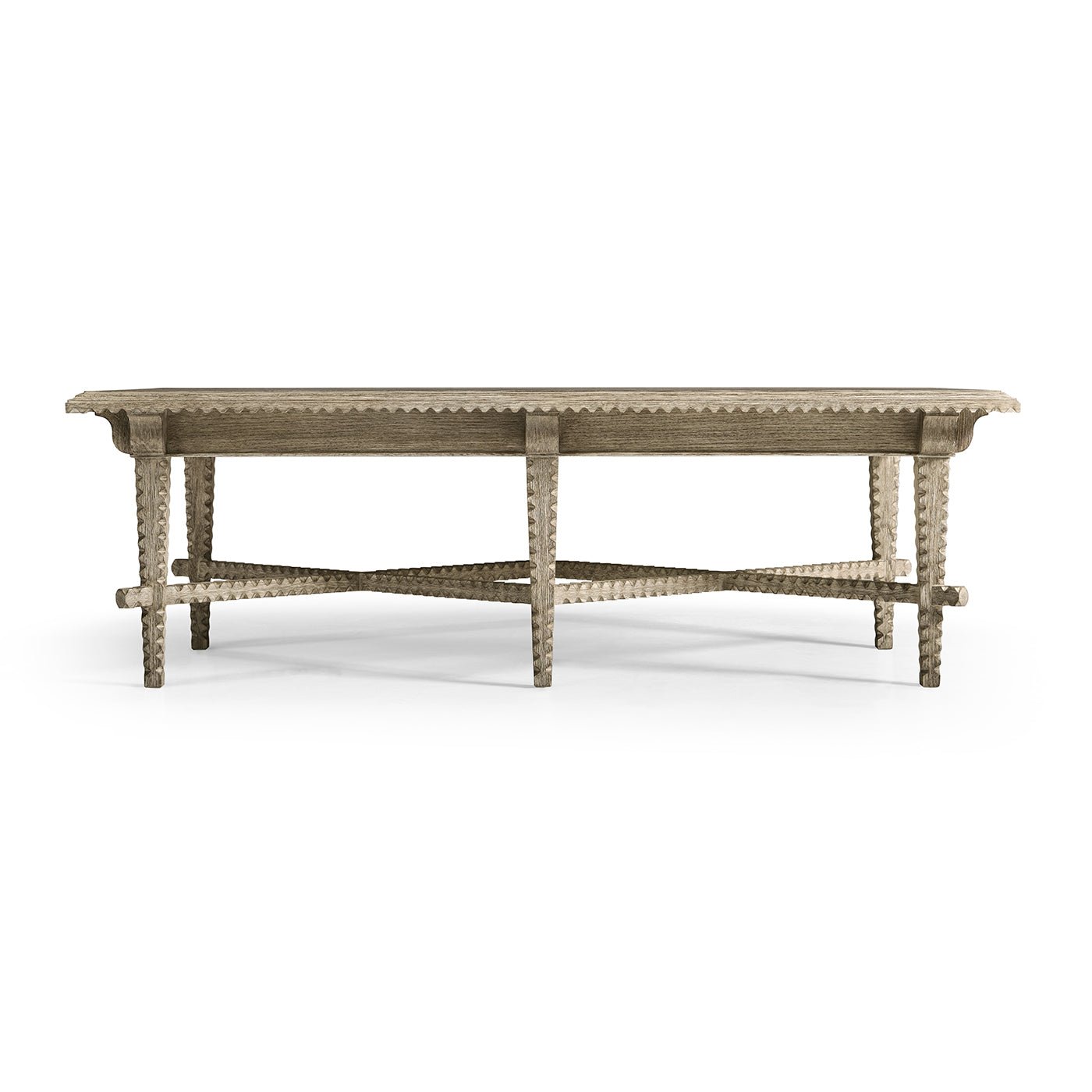 Rustic coffee table side view, showing leg details.