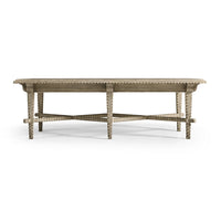 Rustic coffee table side view, showing leg details.