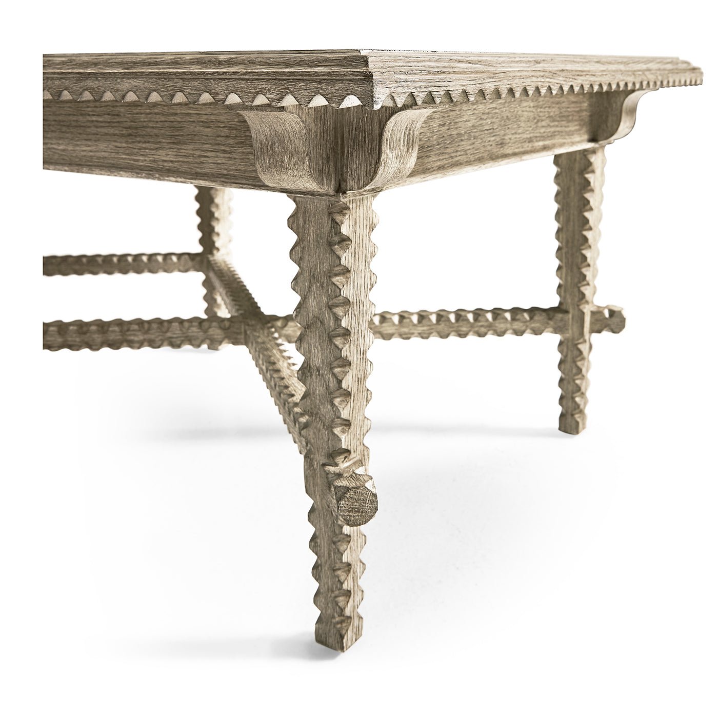 Detailed view of rustic table legs and cross supports.