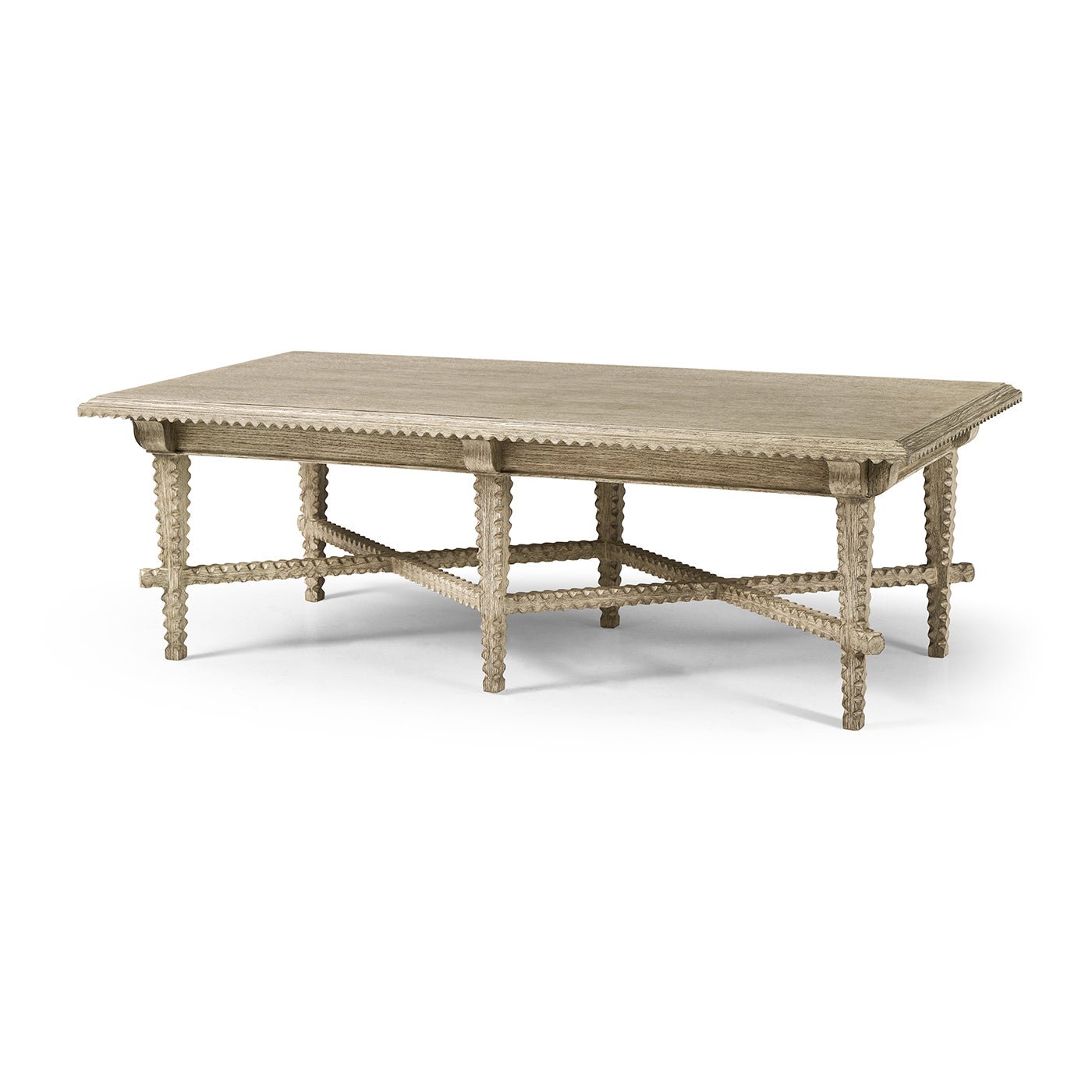 Rustic coffee table with zigzag legs, angled view.