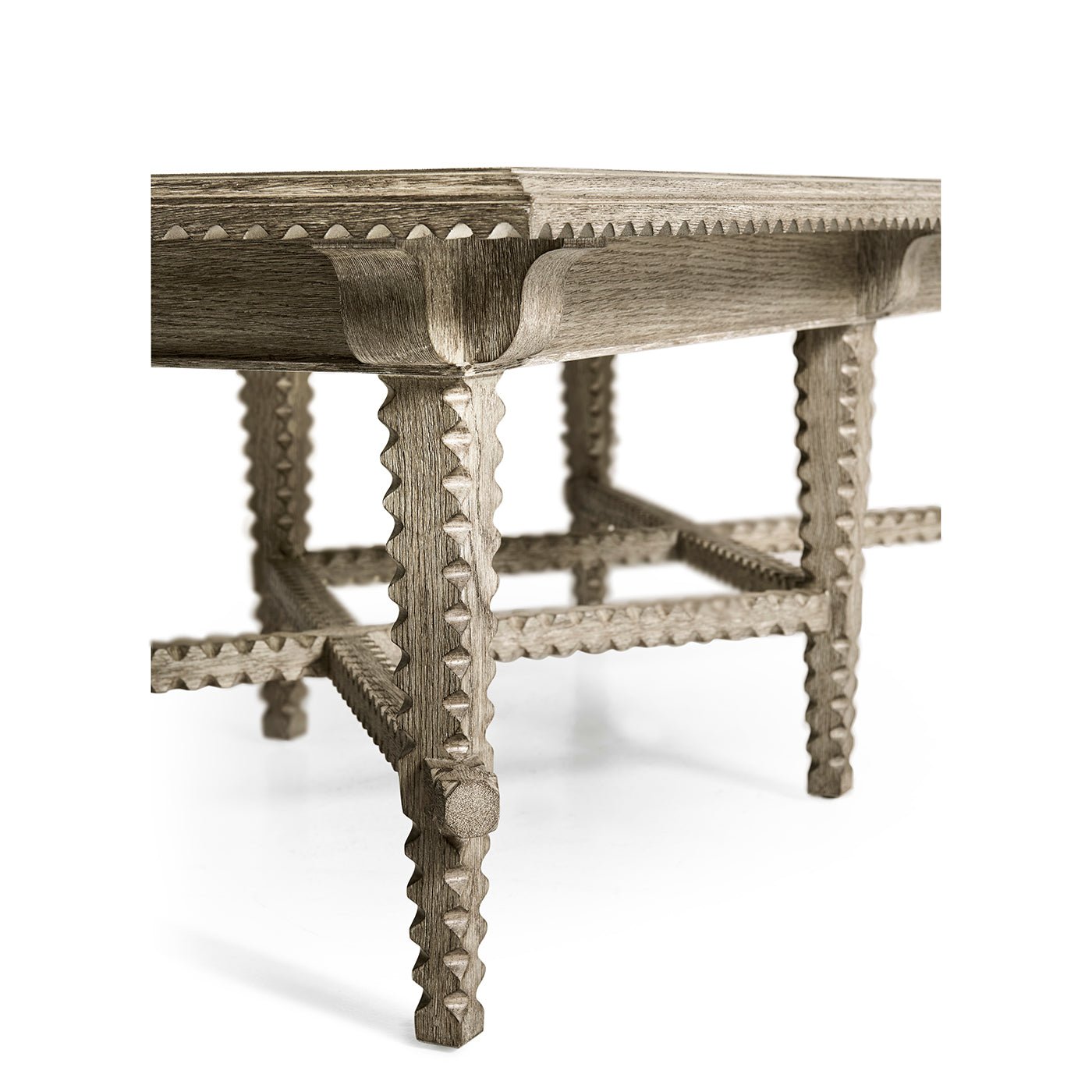 Detailed corner and leg design of rustic coffee table.