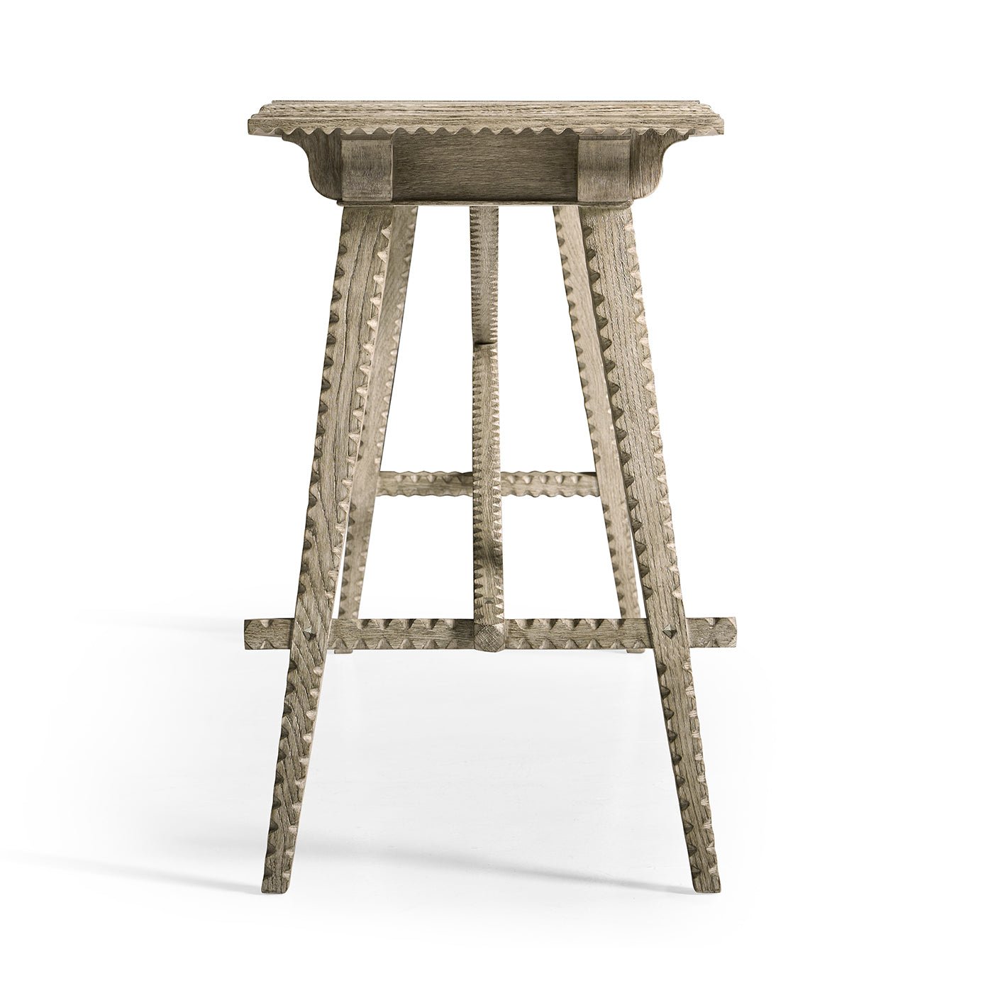 Side view of greyed oak rustic console table.