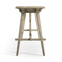 Side view of greyed oak rustic console table.