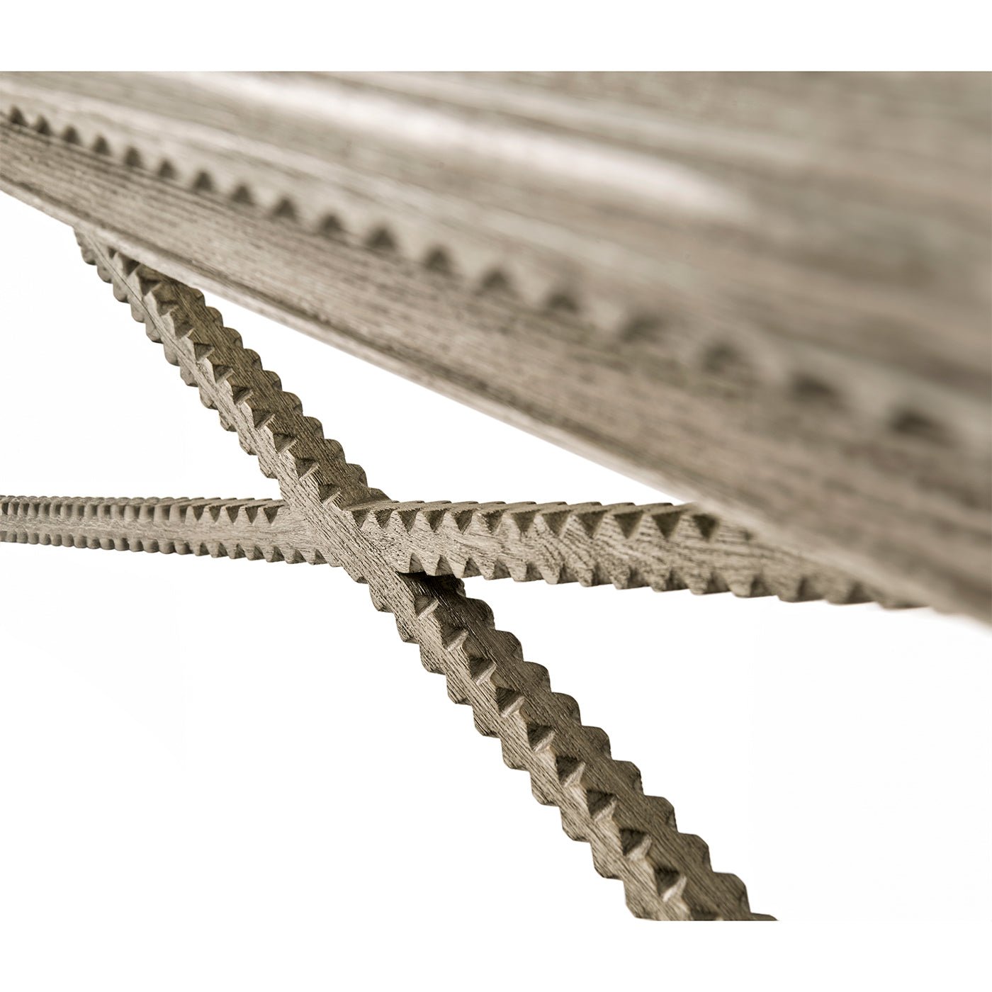 Crossbar detail of greyed oak rustic console table.
