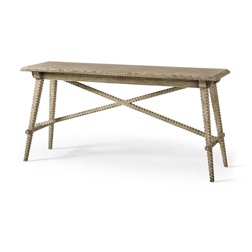 Angled view of greyed oak rustic console table.