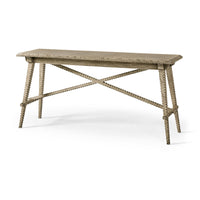 Angled view of greyed oak rustic console table.