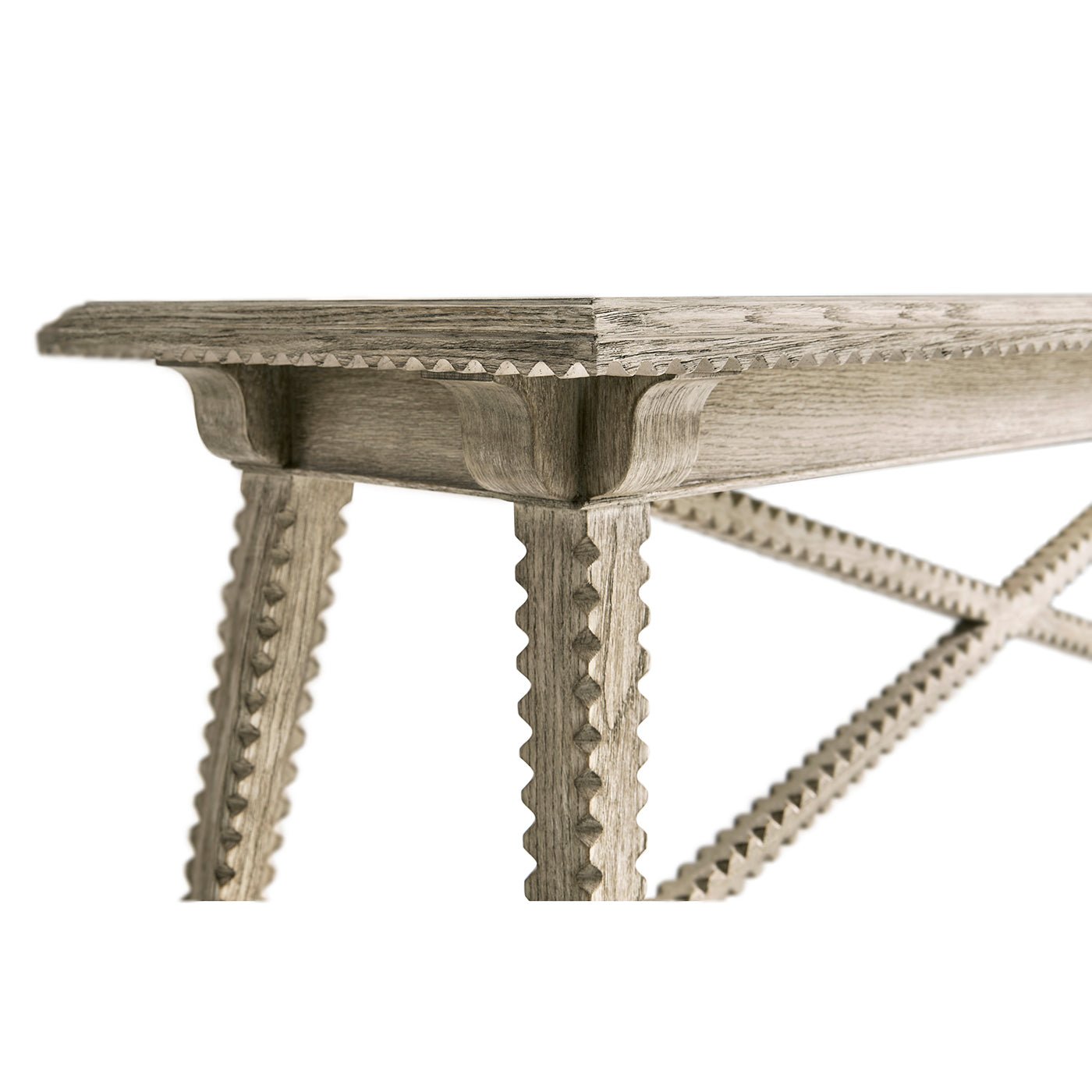 Close-up leg joint of greyed oak rustic console table.