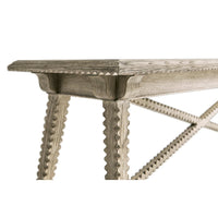 Close-up leg joint of greyed oak rustic console table.