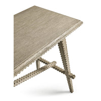 Close-up corner detail of greyed oak rustic console table.