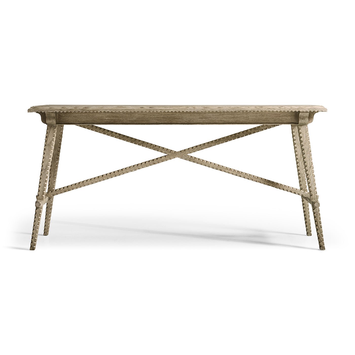 Front view of greyed oak rustic console table.