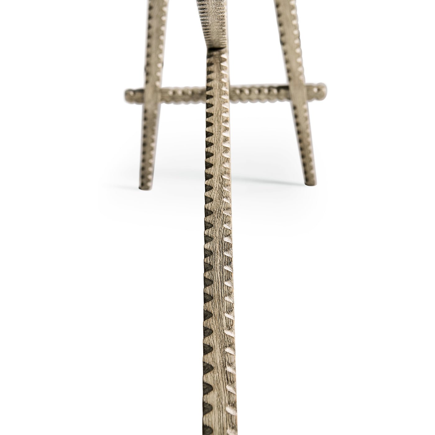 Perspective view, leg detail of greyed oak rustic console table.