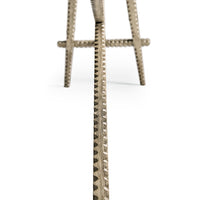 Perspective view, leg detail of greyed oak rustic console table.