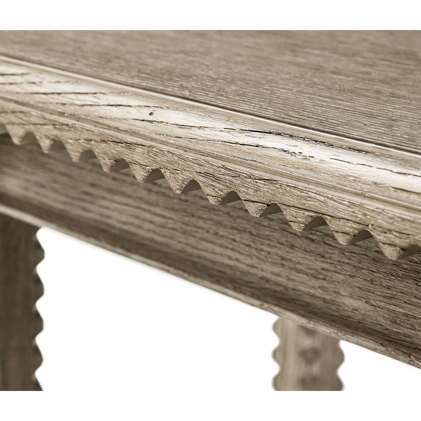 Edge detail of rustic greyed oak end table.
